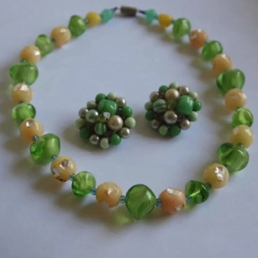 Vintage 1950s Green Glass Bead Necklace & Cluster Clip Earrings Mid Century Set